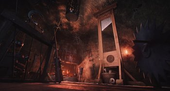Movie still from “Minions” (2015), directed by Pierre Coffin – An image of a room with a guillotine in it; Extreme Wide shot, High angle