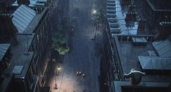 Movie still from “Minions” (2015), directed by Pierre Coffin – An aerial view of a city street at night; Extreme Wide shot, High angle