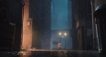 Movie still from “Minions” (2015), directed by Pierre Coffin – A minion that is sitting in the street; Extreme Wide shot, Low angle