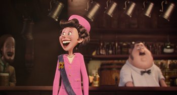 Movie still from “Minions” (2015), directed by Pierre Coffin – A cartoon of a woman in a pink suit; Medium shot, Over the shoulder angle