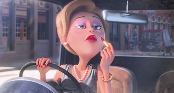 Movie still from “Minions” (2015), directed by Pierre Coffin – A cartoon of a woman in the backseat of a car smoking a cigarette; Close Up shot, Over the shoulder angle