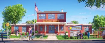 Movie still from “Minions: The Rise of Gru” (2022), directed by Jonathan del Val – An illustration of an elementary school with a flag on top of the building; Extreme Wide shot, Low angle