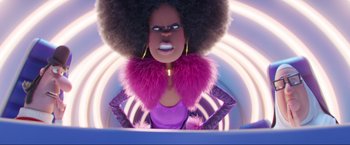 Movie still from “Minions: The Rise of Gru” (2022), directed by Jonathan del Val – A black woman with a big black afro and a purple dress; Close Up shot, Low angle