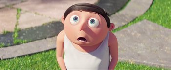 Movie still from “Minions: The Rise of Gru” (2022), directed by Jonathan del Val – An animated person with a surprised look on his face; Close Up shot, Low angle