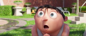 Movie still from “Minions: The Rise of Gru” (2022), directed by Jonathan del Val – An animated character looks surprised at the camera; Close Up shot, High angle