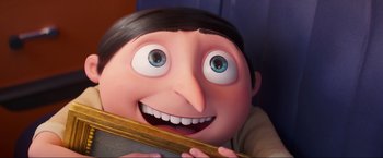 Movie still from “Minions: The Rise of Gru” (2022), directed by Jonathan del Val – A cartoon character's face; Close Up shot, Low angle