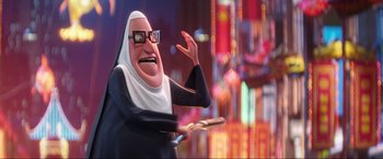 Movie still from “Minions: The Rise of Gru” (2022), directed by Jonathan del Val – An animated nun is holding a knife in her hand; Close Up shot, Over the shoulder angle