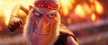 Movie still from “Minions: The Rise of Gru” (2022), directed by Jonathan del Val – An animated character with an angry look on his face; Close Up shot, Over the shoulder angle