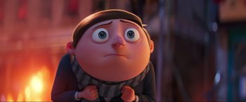 Movie still from “Minions: The Rise of Gru” (2022), directed by Jonathan del Val – An image of an animated character from despicable me; Close Up shot, Low angle