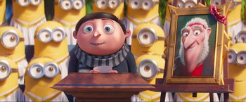 Movie still from “Minions: The Rise of Gru” (2022), directed by Jonathan del Val – A cartoon character is sitting at a desk; Medium shot, Over the shoulder angle