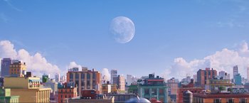 Movie still from “Minions: The Rise of Gru” (2022), directed by Jonathan del Val – A full moon over a city skyline with buildings in the background; Extreme Wide shot, Low angle