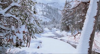Movie still from “Misery” (1990), directed by Rob Reiner – A river running through the middle of a snow covered forest; Extreme Wide shot, High angle