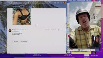 Movie still from “Missing” (2023), directed by Nicholas D. Johnson – A computer screen showing a person in a motorcycle helmet; Extreme Close Up shot, Overhead angle