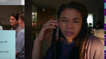Movie still from “Missing” (2023), directed by Nicholas D. Johnson – A young woman talking on a cell phone; Close Up shot, High angle
