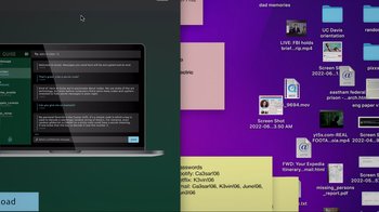 Movie still from “Missing” (2023), directed by Nicholas D. Johnson – A computer screen and a laptop with sticky notes on the wall; Extreme Close Up shot, High angle