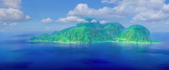 Movie still from “Moana” (2016), directed by Chris Williams – A painting of an island in the middle of the ocean; Extreme Wide shot, High angle
