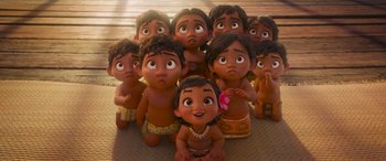 Movie still from “Moana” (2016), directed by Chris Williams – A group of kids that are sitting in front of each other; Wide shot, High angle