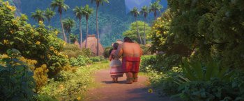 Movie still from “Moana” (2016), directed by Chris Williams – A couple of people walking down a dirt road; Extreme Wide shot, Over the shoulder angle
