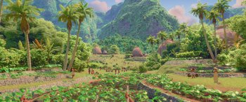 Movie still from “Moana” (2016), directed by Chris Williams – An artist's rendering of an area in the mountains; Extreme Wide shot, High angle