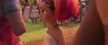 Movie still from “Moana” (2016), directed by Chris Williams – A young girl's face and hair; Close Up shot, Over the shoulder angle