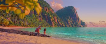 Movie still from “Moana” (2016), directed by Chris Williams – Two people sitting on a rock near the ocean; Extreme Wide shot, Over the shoulder angle
