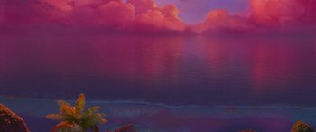 Movie still from “Moana” (2016), directed by Chris Williams – A painting of the ocean and a pink sky; Extreme Wide shot, High angle