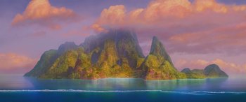 Movie still from “Moana” (2016), directed by Chris Williams – An oil painting of a tropical island with mountains in the background; Extreme Wide shot, Low angle