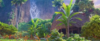 Movie still from “Moana” (2016), directed by Chris Williams – A lush green forest with a waterfall in the background; Extreme Wide shot, Low angle
