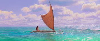 Movie still from “Moana” (2016), directed by Chris Williams – A painting of a woman on a boat in the ocean; Extreme Wide shot, Low angle