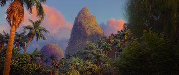 Movie still from “Moana” (2016), directed by Chris Williams – A painting of a mountain with trees in the background; Extreme Wide shot, Low angle