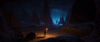 Movie still from “Moana” (2016), directed by Chris Williams – An image of a boy in the dark with a light in his hand; Extreme Wide shot, High angle