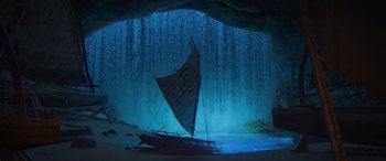 Movie still from “Moana” (2016), directed by Chris Williams – A boat is sitting in the middle of the ocean; Extreme Wide shot, High angle