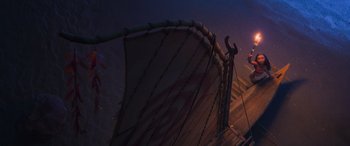 Movie still from “Moana” (2016), directed by Chris Williams – An image of a boat in the water at night time; Extreme Wide shot, Low angle