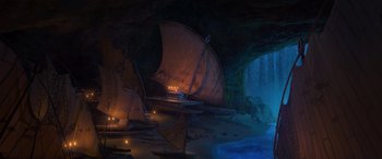 Movie still from “Moana” (2016), directed by Chris Williams – An artistic rendering of a boat in a cave; Extreme Wide shot, High angle