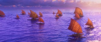 Movie still from “Moana” (2016), directed by Chris Williams – A group of boats floating on top of a body of water; Extreme Wide shot, High angle