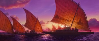 Movie still from “Moana” (2016), directed by Chris Williams – A couple of boats floating on top of a body of water; Extreme Wide shot, Low angle