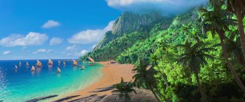 Movie still from “Moana” (2016), directed by Chris Williams – A painting of a tropical beach with palm trees and mountains in the background; Extreme Wide shot, High angle