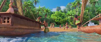 Movie still from “Moana” (2016), directed by Chris Williams – A group of people in the water next to a boat; Extreme Wide shot, High angle