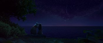Movie still from “Moana” (2016), directed by Chris Williams – Two people sitting on the shore of a body of water at night; Extreme Wide shot, Over the shoulder angle