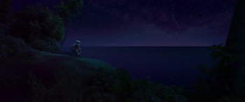 Movie still from “Moana” (2016), directed by Chris Williams – A person sitting on top of a hill looking at the stars; Extreme Wide shot, High angle