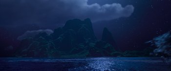 Movie still from “Moana” (2016), directed by Chris Williams – A night sky with a mountain and a body of water in the foreground; Extreme Wide shot, High angle