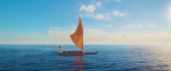 Movie still from “Moana” (2016), directed by Chris Williams – A man is sitting on a boat in the ocean; Extreme Wide shot, High angle