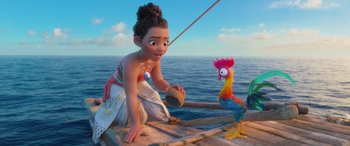 Movie still from “Moana” (2016), directed by Chris Williams – A woman sitting on a boat next to a bird; Wide shot, High angle