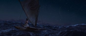 Movie still from “Moana” (2016), directed by Chris Williams – A man on a sail boat in the middle of the night; Extreme Wide shot, Overhead angle