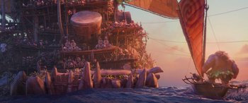 Movie still from “Moana” (2016), directed by Chris Williams – An image of an island with a lot of people on it; Extreme Wide shot, Low angle