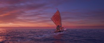 Movie still from “Moana” (2016), directed by Chris Williams – A sail boat sailing on the ocean at sunset; Extreme Wide shot, Low angle