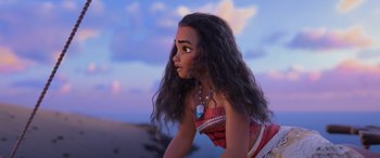 Movie still from “Moana” (2016), directed by Chris Williams – An animated woman with long black curly hair; Close Up shot, Over the shoulder angle