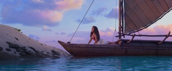 Movie still from “Moana” (2016), directed by Chris Williams – A woman sitting on the back end of a sail boat; Wide shot, Low angle