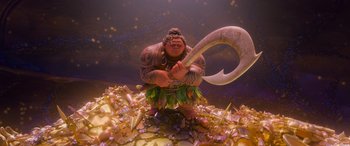 Movie still from “Moana” (2016), directed by Chris Williams – An image of an animated character holding a spear; Wide shot, Low angle