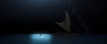 Movie still from “Moana” (2016), directed by Chris Williams – A boat floating on top of a body of water at night; Extreme Wide shot, High angle